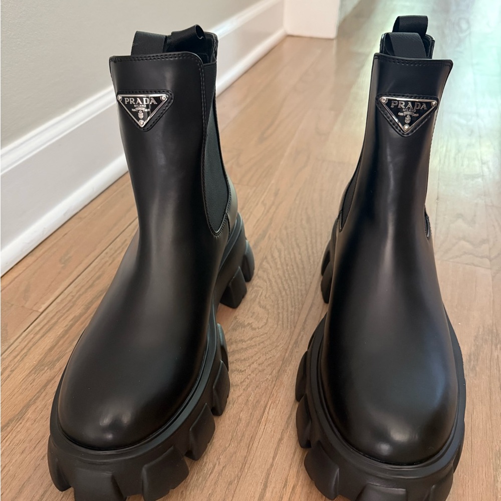 Prada Black Leather Monolith Chelsea Boots